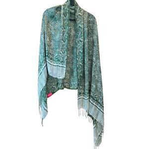 Love Shop Silk Fringed Green Patterned Shawl Scarf floral lightweight